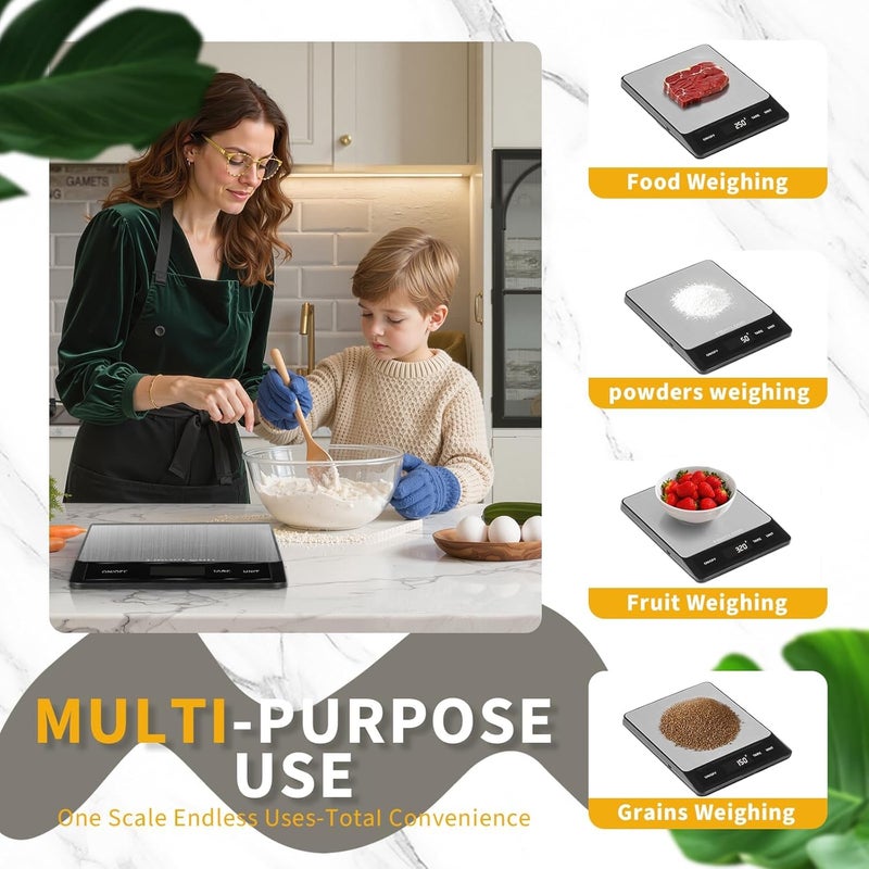 FISHCLOUD Food Scale - Rechargeable Digital Kitchen Scale 33lb, 1g/0.05oz Precision, Type-C, Stainless Steel, Grams/Ounces, LCD Display, for Cooking/Baking/Meal Prep (Ash Silver) - Image 4